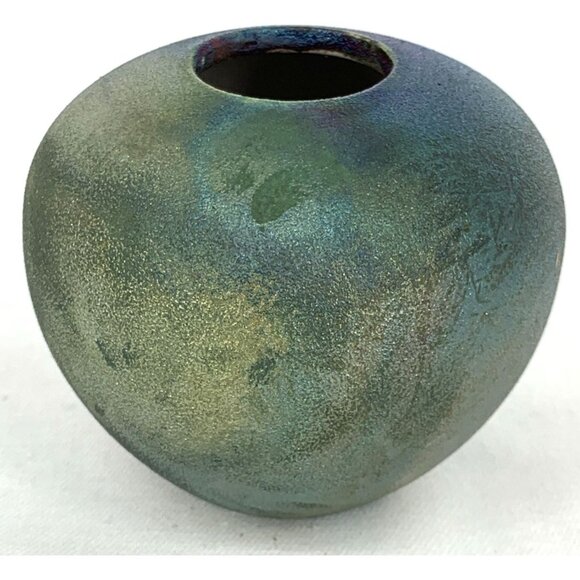 Jeremy Diller Raku Art Pottery Vase Iridescent Metallic Green Signed 2.5" - Picture 2 of 7